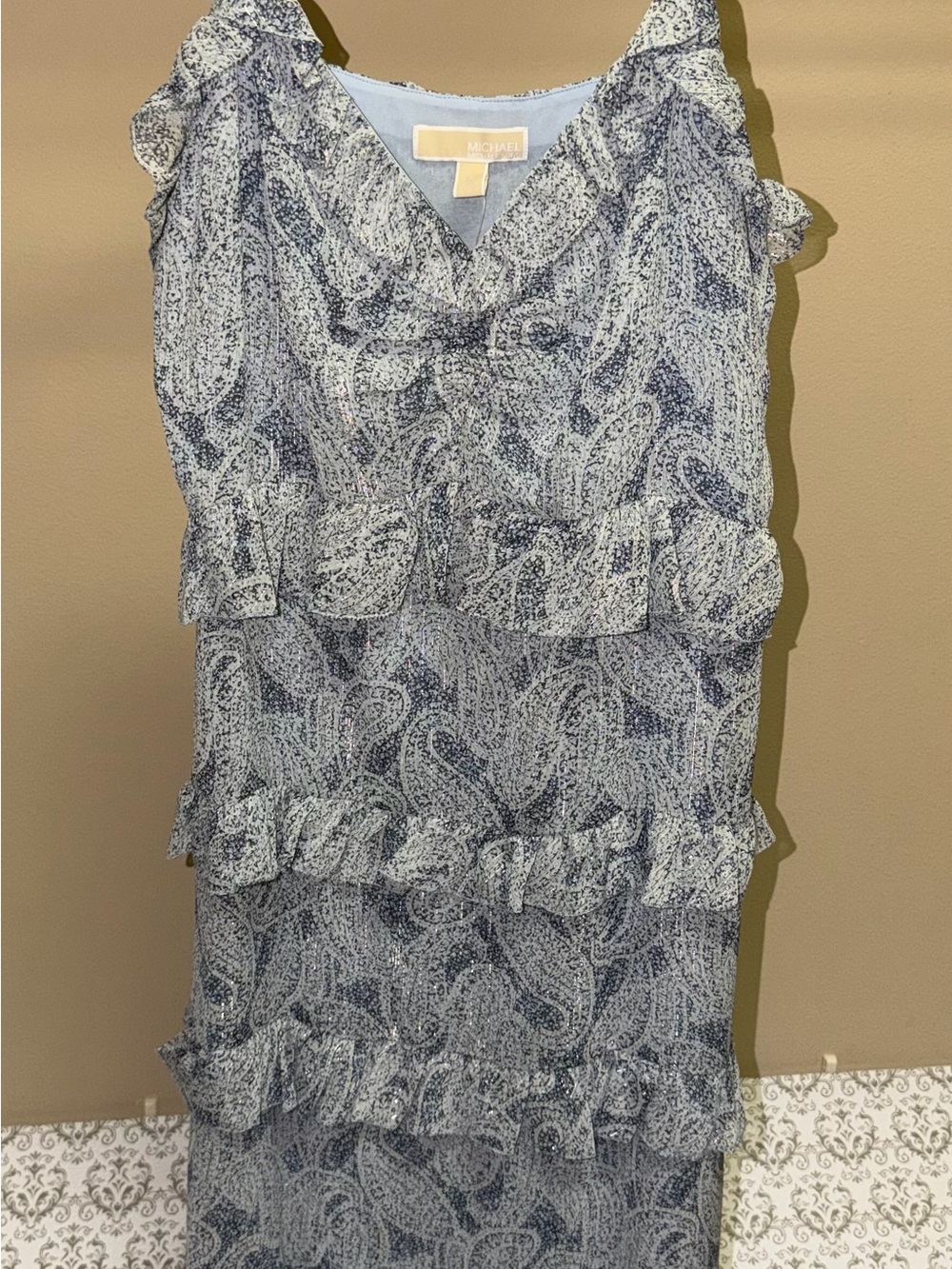 Michael Kors Paisley Navy & White Tiered Ruffle Midi Dress XL - NEW with Tags